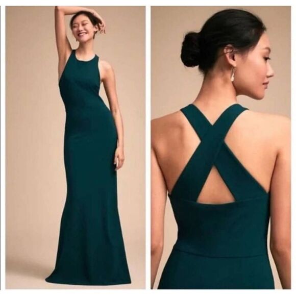BHLDN Klara Crepe Maxi Dress Gown Sz 6 Navy Blue Halter Crisscross Bridesmaid - Picture 13 of 13